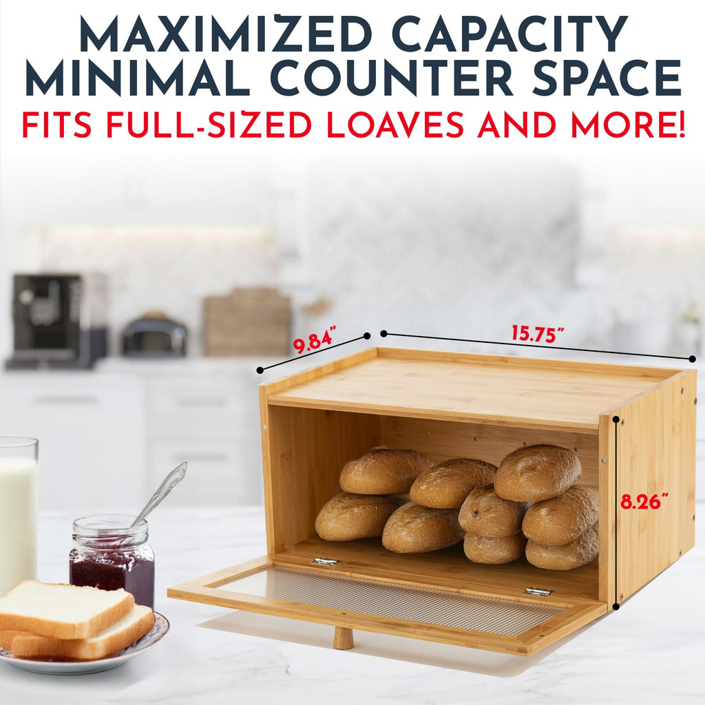 Bread Box - Large Bamboo Countertop Acrylic Window, Extra Storage