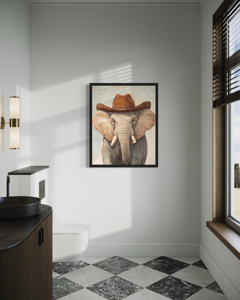 Elephant Cowboy Black Framed Art Print Poster Wall Art, Western Country Farmhouse Wild West Art Decor 58 (Elephant