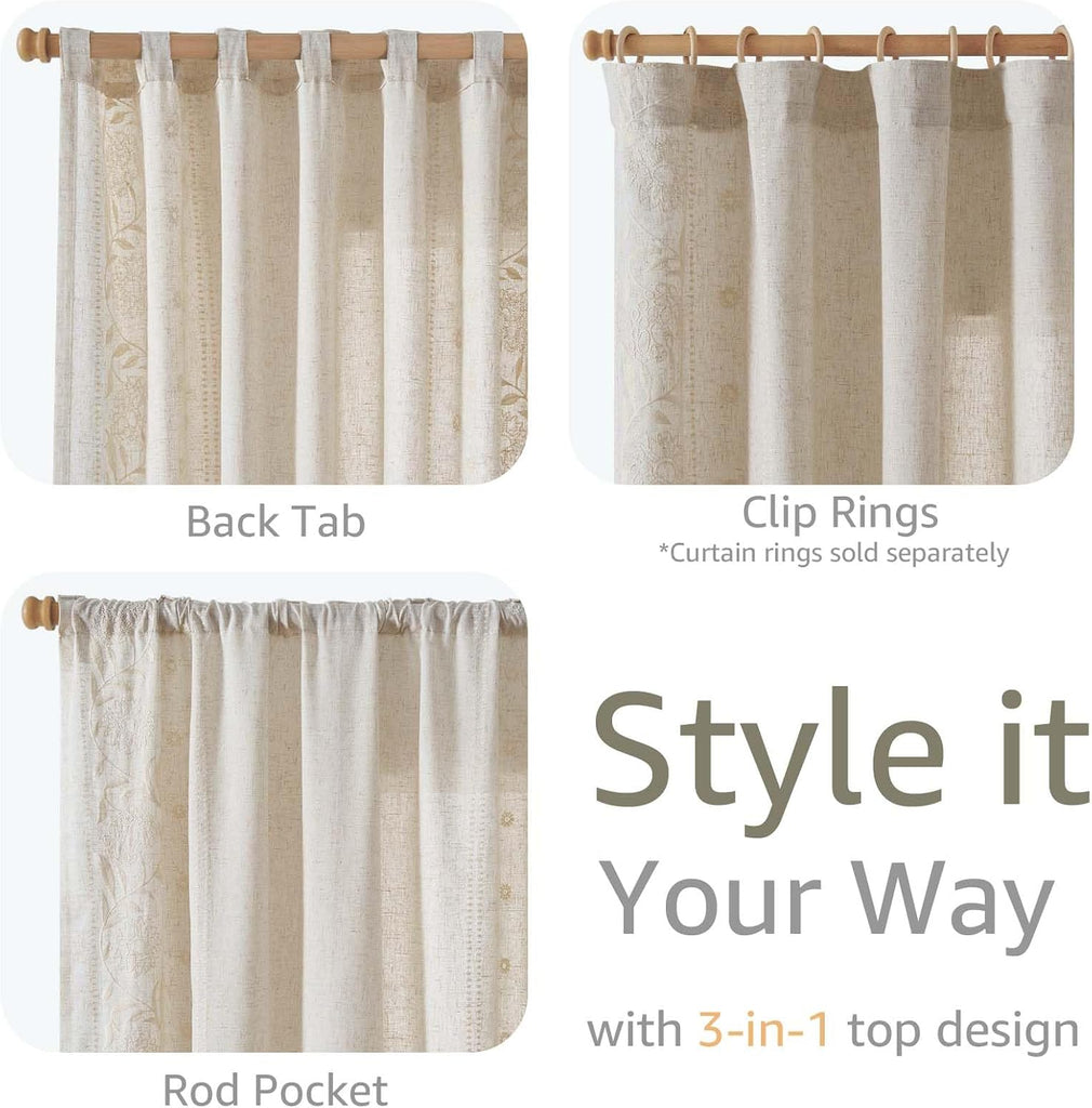 Winslow Linen Curtains for Bedroom 84 Inches Length Embroidered Bordered Floral Curtains for Living Room Farmhouse