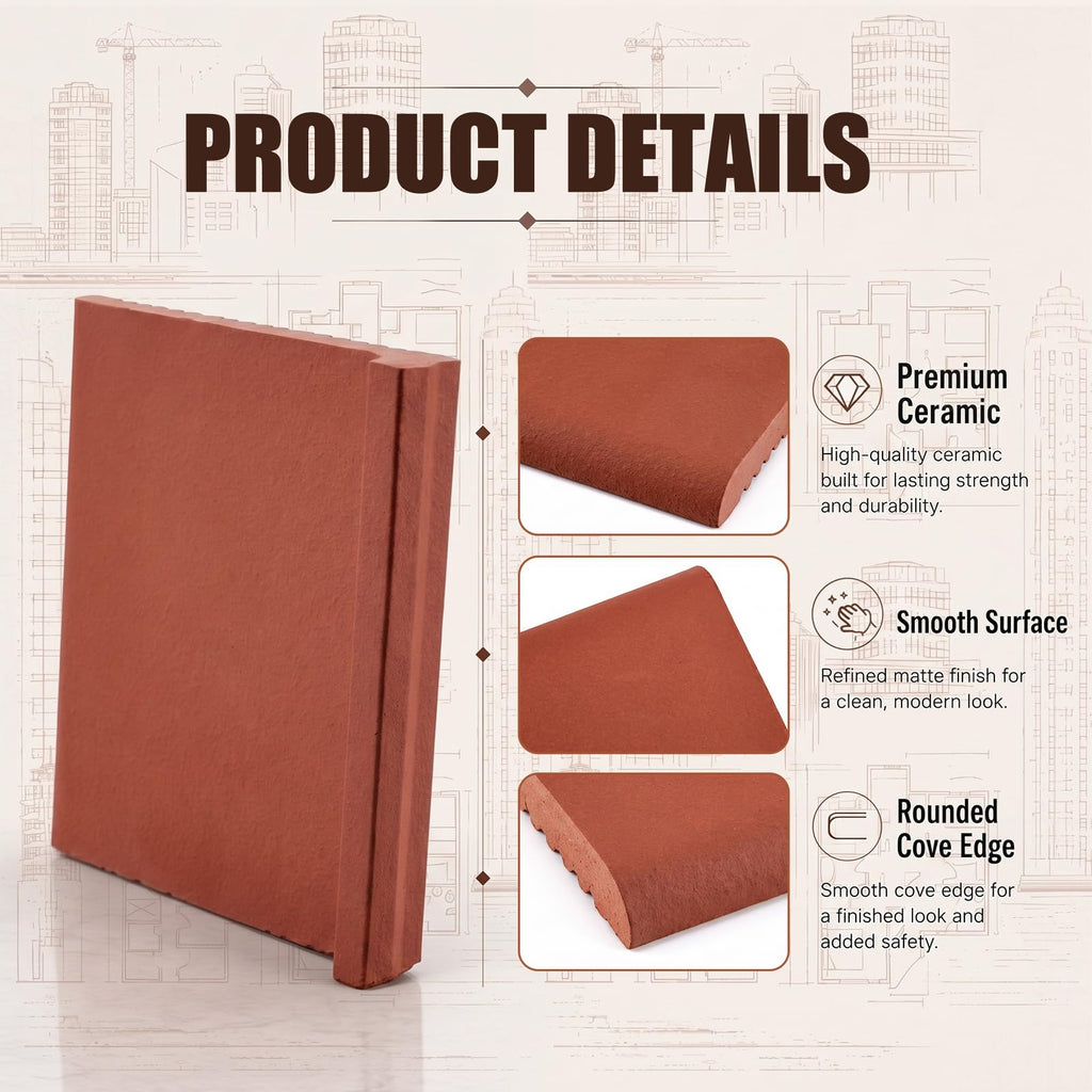 18 Pack Red Ceramic Quarry Cove Base Tile, 5.9 x 5.5