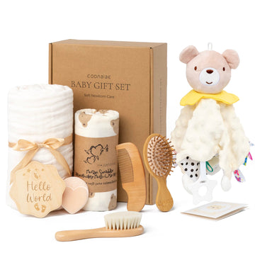 Newborn Baby Gift Set, Wooden Grooming Kit & Muslin Swaddle Blanket