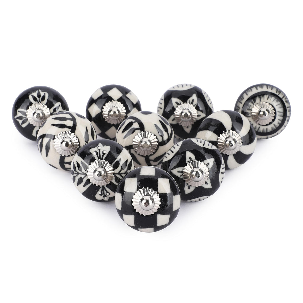Ceramic Cabinet Knobs Set 12 Black White Hand Painted Floral Handles