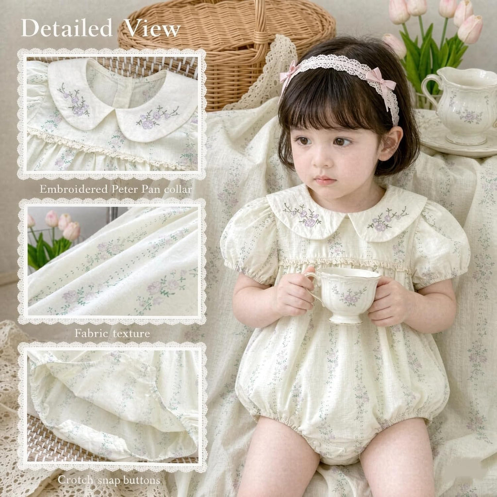 Baby Girl Vintage Floral Romper Embroidered Peter Pan Collar Bubble Short Sleeve Cotton Bodysuit Cute Summer Outfits