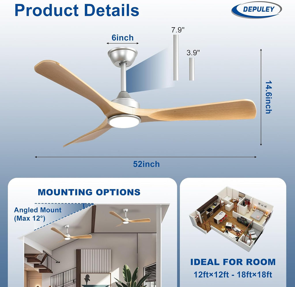 52-Inch Ceiling Fan with Light: Wood 3 Blade Outdoor Fans for Patios - Dimmable Indoor Fan with Remote APP Control Ultra Quiet DC Motor Reversible 6 Speed Timer A101-B0DRCTQT8S