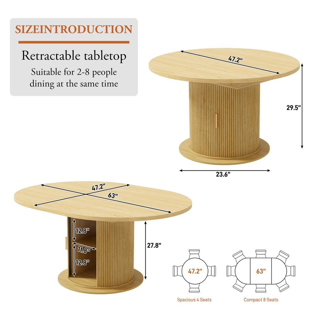 47-63in Extendable Round Dining Table for 4-8, Modern Kitchen Oval Dining Table with 2-Layer Storage Shelf, Wood