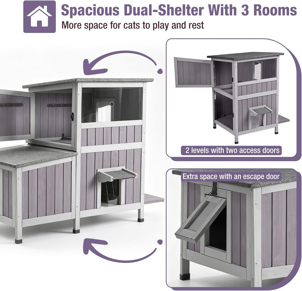 Outdoor Cat House Weatherproof for Winter, 9.78 ft2 2-Story Wooden Feral Cat Shelter with Waterproof Roof, Escape