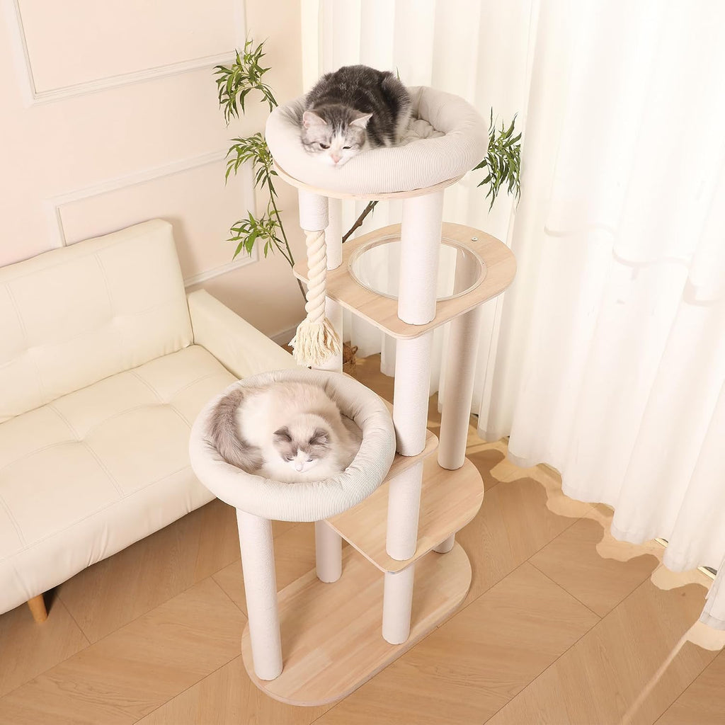 59" Modern Cat Tree Multi-Level Large Cat Tower Heavy Duty Wooden Cat Tree with Hammock, Cotton Scratching Post