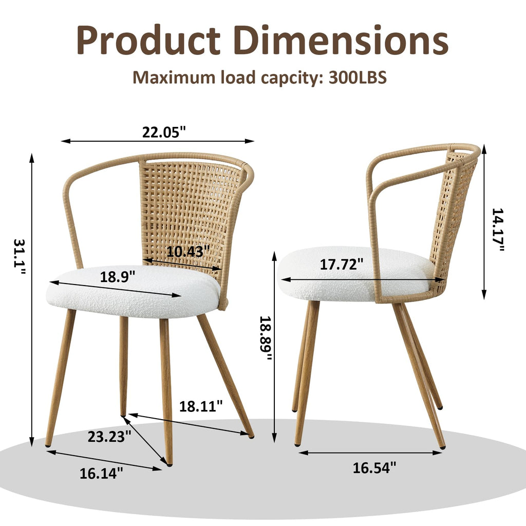 Rattan Dining Chairs, Upholstered Boucle Cushion with PE Cane Wing Back Kitchen Chair, Modern Dining Room Chair with
