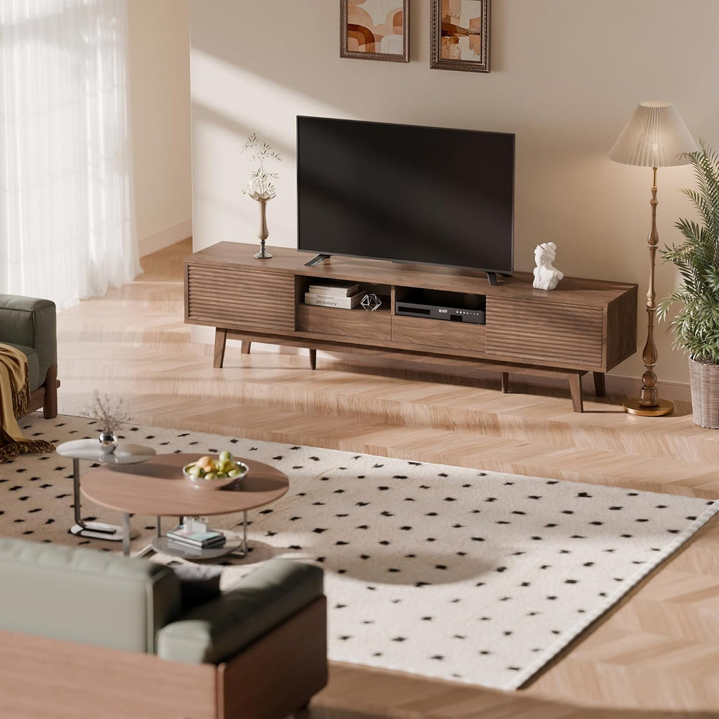 70" Mid Century Modern TV Stand for TVs up to 75 Inch, Low Profile Entertainment Center with Fluted Sliding Doors &