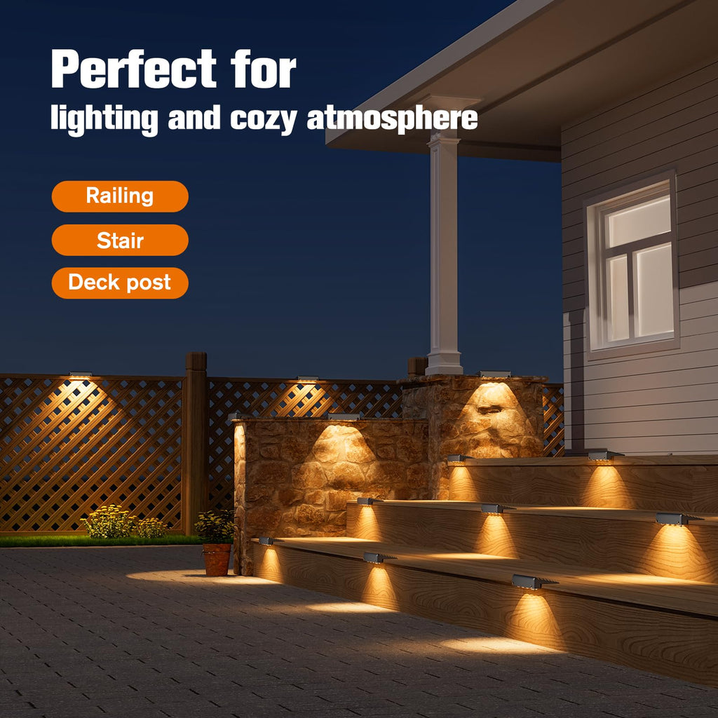 Solar Deck Lights Outdoor 8 Pack, IP65 Waterproof Large Size LED Stair Lights with Lenses, Auto ON Off Warm White