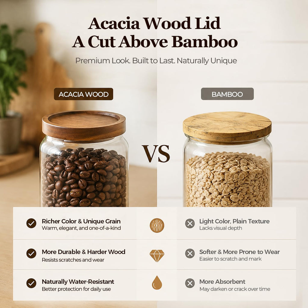 Glass Jar with Acacia Wood Lid 34oz 1Pack, Food Storage Container | 1.1Qt Canister, Oats Coffee Sugar Pasta Candy