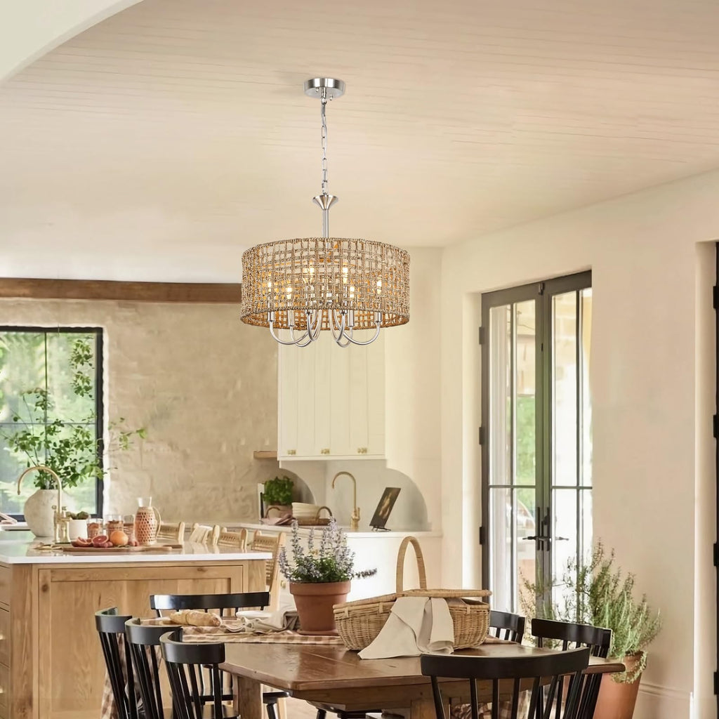17.7" Brushed Nickel Rattan Chandelier, 6-Light Boho Wicker Light Fixture