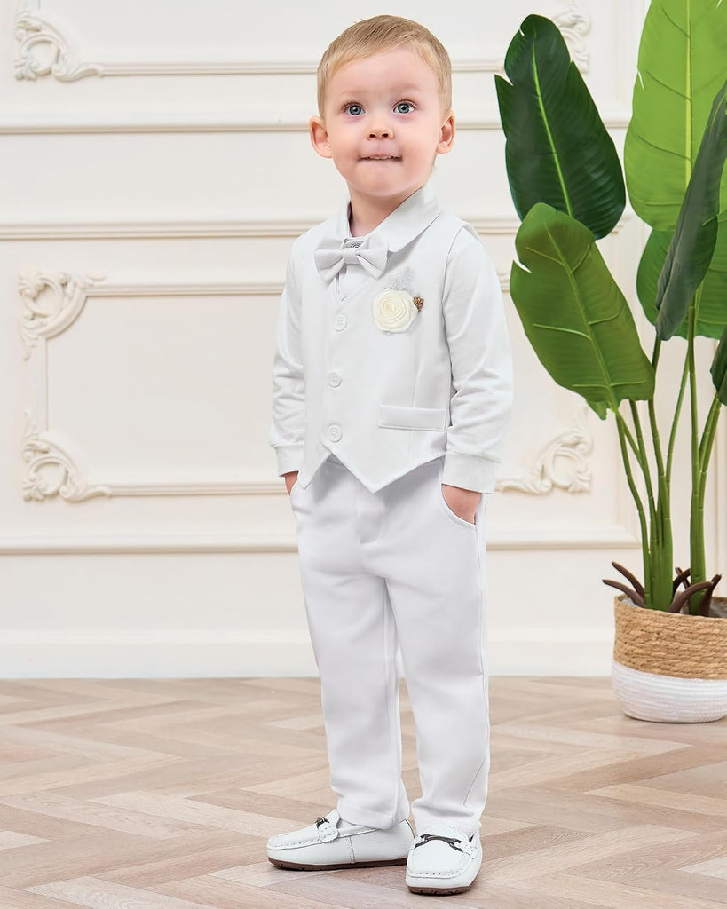 Baby Boy Clothes Suit Infant Gentleman Wedding Outfit Dress Shirt+Bowtie+Vest+Corsage+Suspender+Pants 6Pcs Set