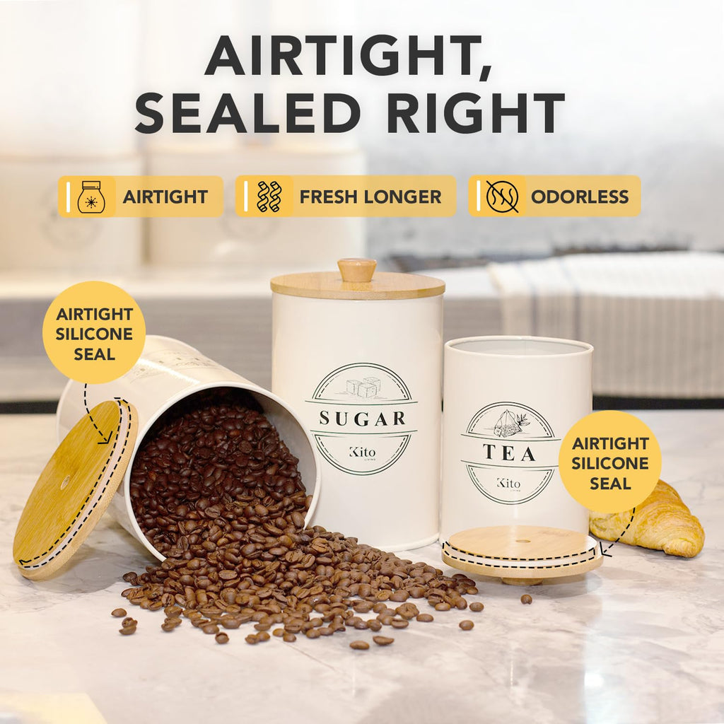 Airtight Tea, Coffee and Sugar Container Set - Stackable Kitchen Canisters