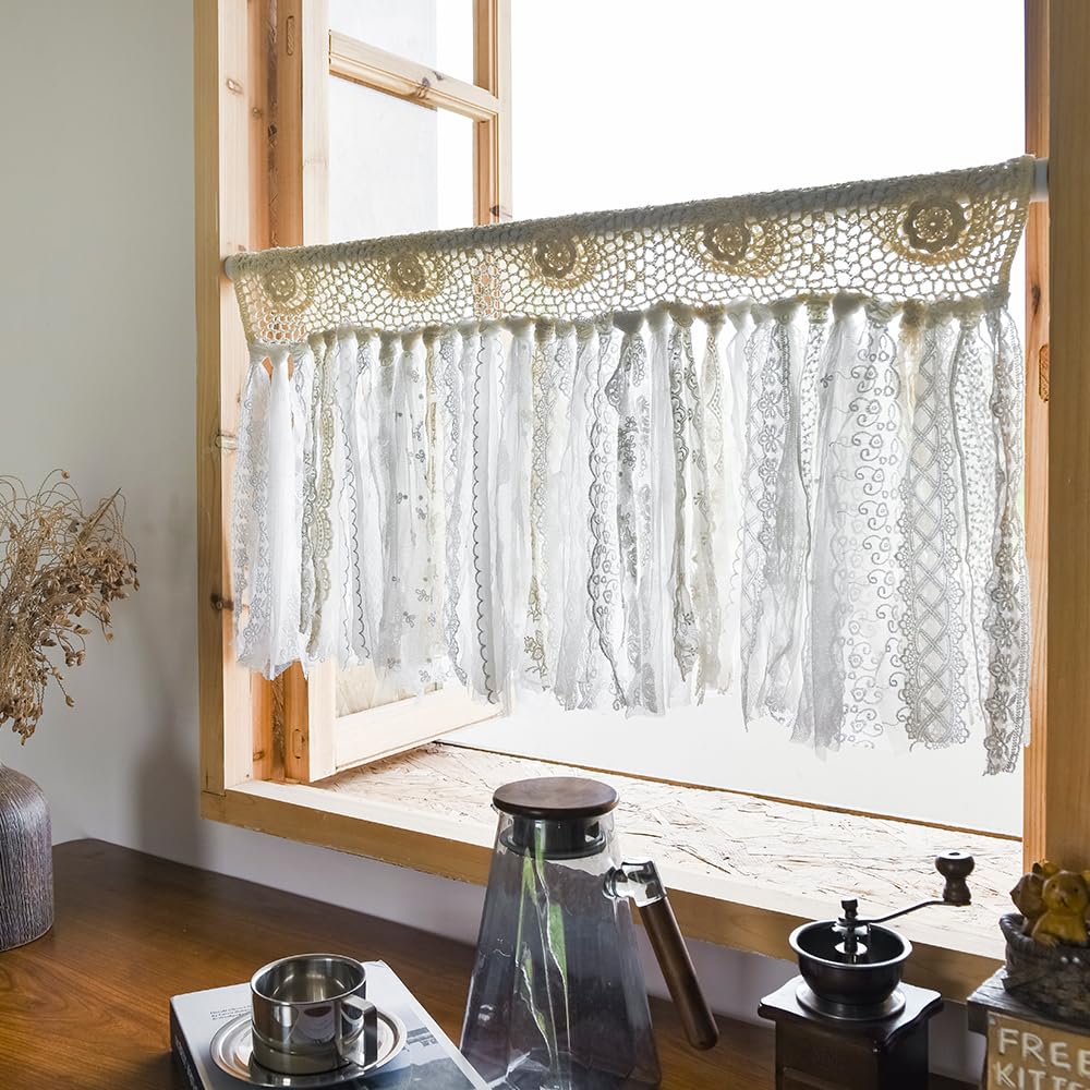 Boho Kitchen Curtains Short Shabby Chic Lace curtain Handmade Cotton Crochet Lace Kitchen Valance Country Cottage