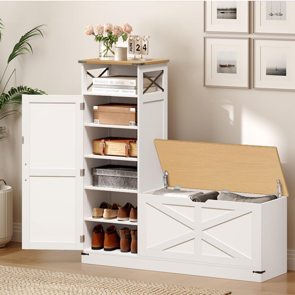 Shoe Cabinet with Bench, L-Shaped Shoe Bench, Storage Bench, Farmhouse Shoe Storage Cabinet with Adjustable Shelves