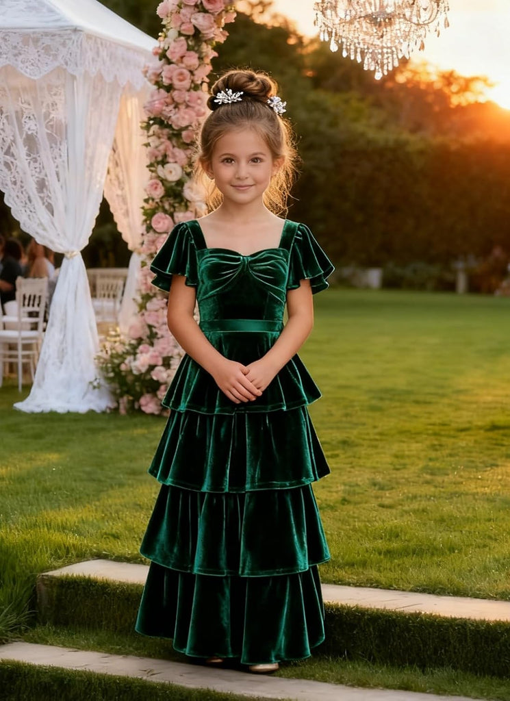 Girls Velvet Pleated Junior Bridesmaid Dress A-Line Short Lantern Sleeves Flower Girl Formal Ball Gown 2542