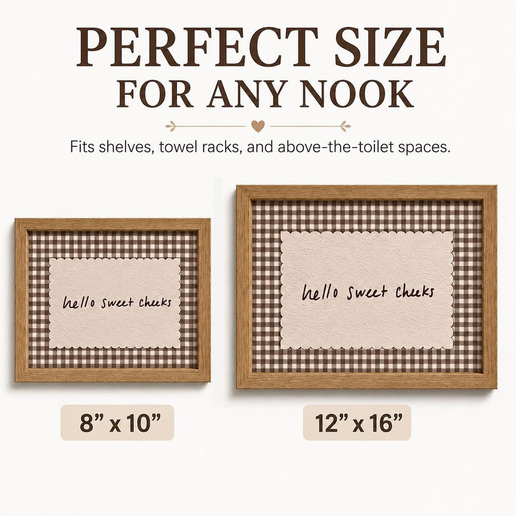 Framed Funny Bathroom Wall Art - Hello Sweet Cheeks Quote Canvas Print, Vintage Gingham Farmhouse Bathroom Decor