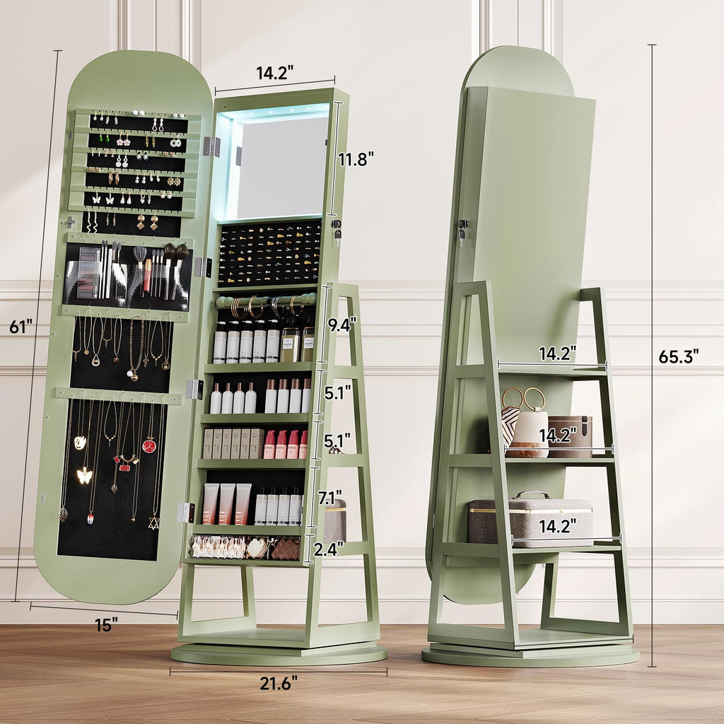 360° Swivel Jewelry Mirror Cabinet with Lights, Green