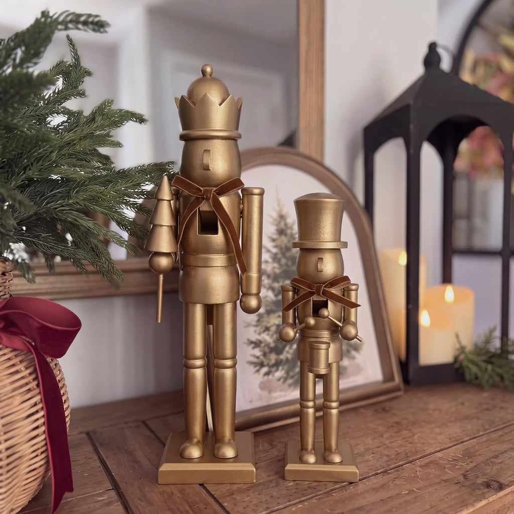 2 Pcs Neutral Christmas Nutcracker Figure 10" 15" Gold Wooden