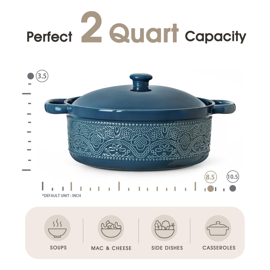 FE Casserole Dish with Lid, 2 Quart Ceramic Baking Dish, Grayish Blue
