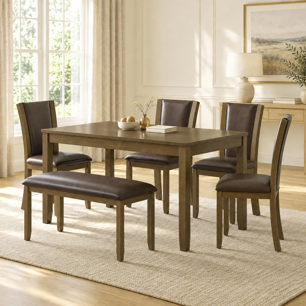 6-Piece Dining Table Set with Bench & 4 Chairs, Solid Wood, Dark Walnut