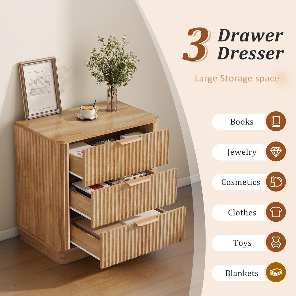 23 inch Wide Fluted Nightstand with 3 Drawers, Modern Curved Bedside Table,Wood Night Stand with Storage,End Table