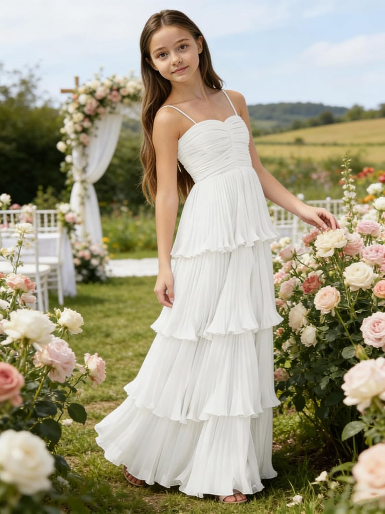 Chiffon Pleated Junior Bridesmaid Dress Princess Birthday Tiered Ruffle Prom Gown Wedding Long Flower Girl Dress