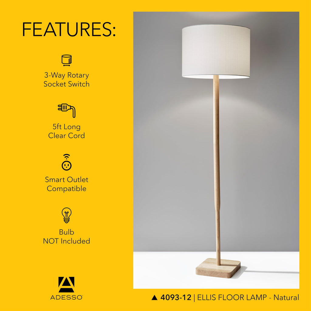 Floor Lamp, Natural Rubberwood & White Linen, 3-Way, 58.5"