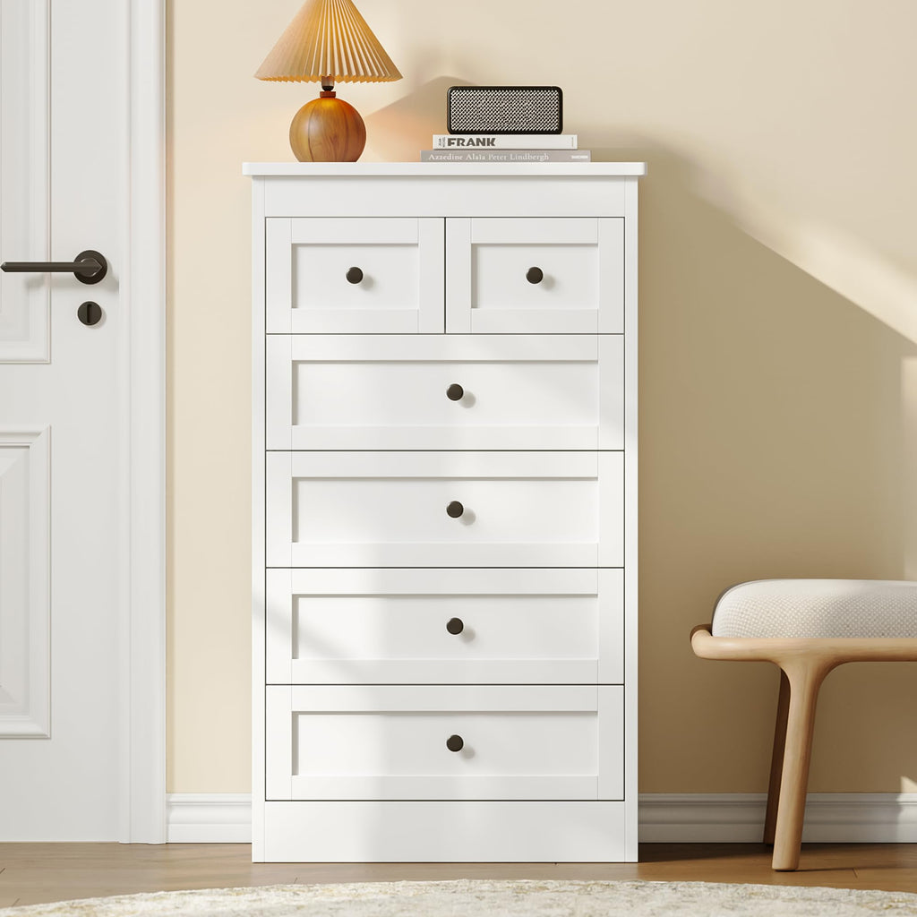 Tall 6 Drawer Dresser, White Modern 43.3'' Tall Wood Chest of Drawers, Storage Organizer with Smooth Metal Rails &