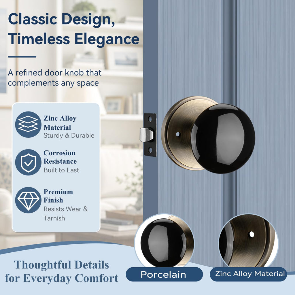 NCL Black Door Knobs, Porcelain Round Door Handle with Antique Brass Plate