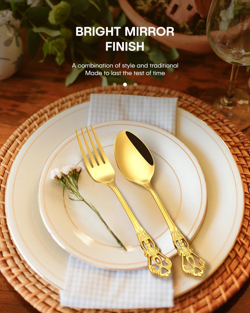 40 Pcs Retro Royal Gold Silverware Set, Stainless Steel Gold Utensils Cutlery Set for 8, Gorgeous Flatware Set