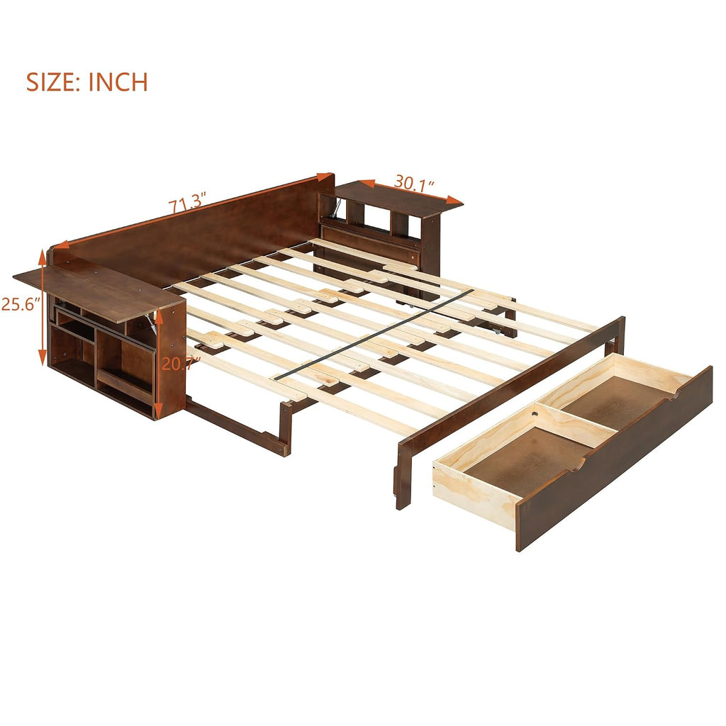 Queen Size Daybed with Pop Up Trundle and 2 Storage Drawers, Wooden Queen Day Bed Frame with Removable Desk