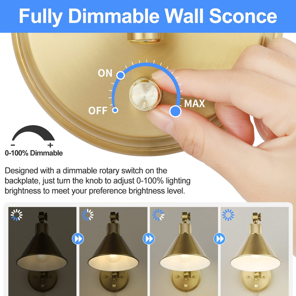 Wall Sconce Plug in, Dimmable Wall Sconces Set of 2 Wall Lights with Plug in Cord and Dimmer On/Off Knob Switch