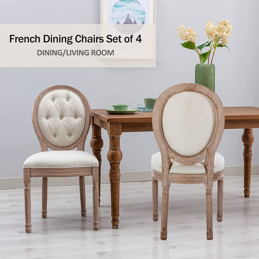 French Country Dining Chairs Set of 4, Farmhouse Dining Chairs with Round Button Back, Solid Wood Legs, French Dining