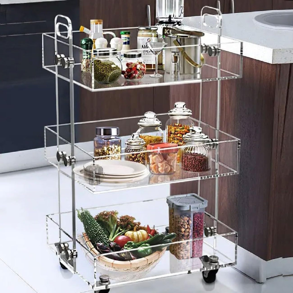 Clear Acrylic Side Table with Wheels, 3 Tier Acrylic End Table Side Table Rolling Serving Cart Snack Table Easy