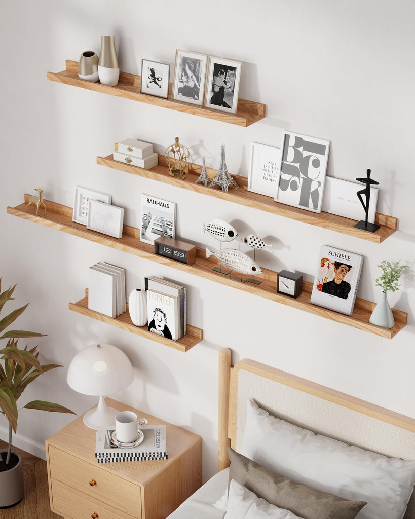 Oak Picture Ledge Shelf, 24 Inch Floating Shelves Set of 2, Solid Oak Wood Wall Shelves with Lip, Wall Decor Storage