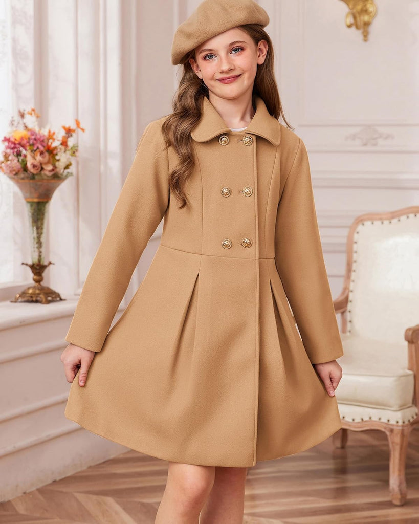 Girls Dress Coat Wool Peacoat with Lapel Pockets Winter Warm Long Jacket for Kids