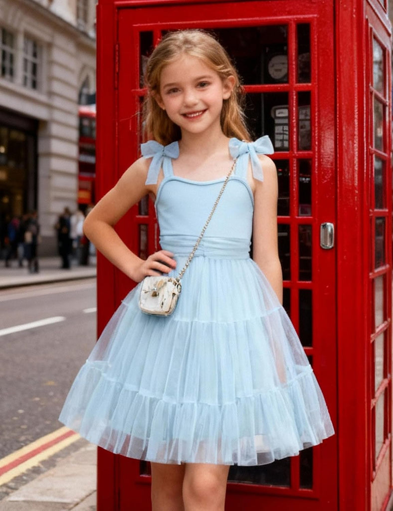 Girls Dresses Summer Sleeveless Bow-Tie Straps Party Tulle Dress