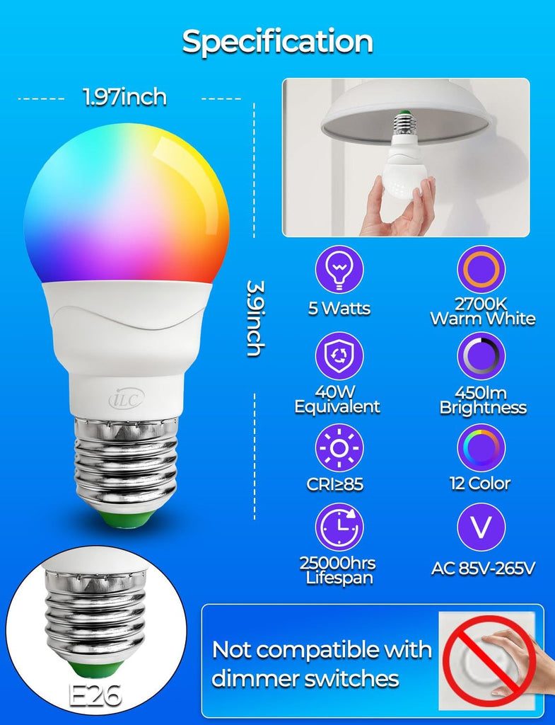 RGB LED Light Bulb, Color Changing Light Bulb, 40W Equivalent, 450LM, 2700K Warm White 5W E26 Screw Base RGBW, A15
