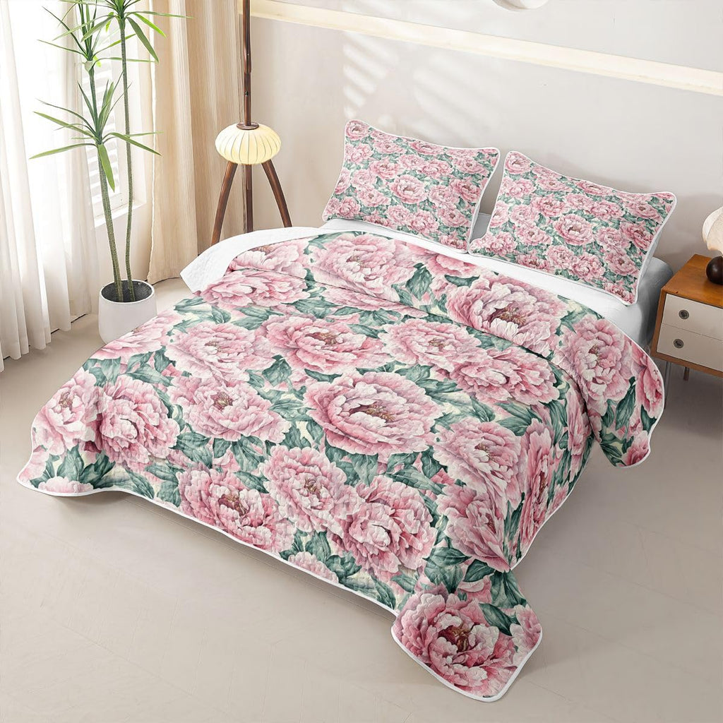 Pink Peonies Quilt Set Vintage Flowers Bedspread Garden Leaves Floral Coverlet for All Season Farmhouse
