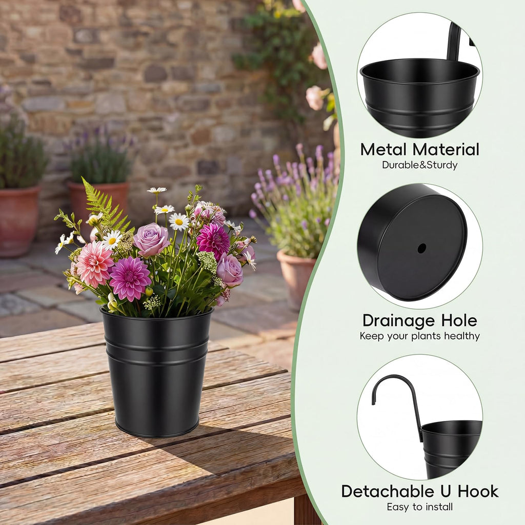 Hanging Flower Pots, Railing Planter Box for Outdoor Plants 12 Pack 5 Inch Metal Hanging Planters with Detachable
