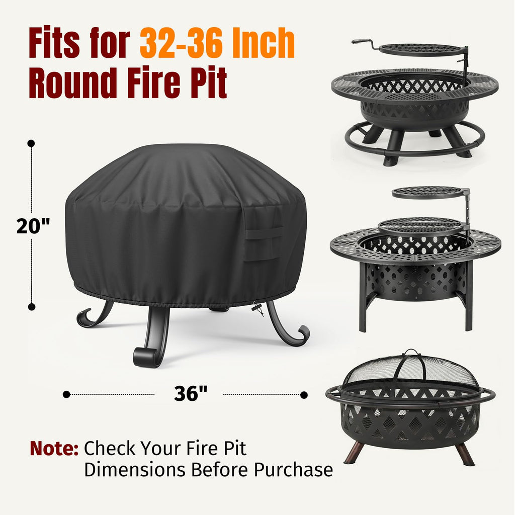 Fire Pit Cover Round, Fits for 32-36 Inch Fire Pit Table, 600D Heavy Duty Fabric, Waterproof and Windproof, 36" D x