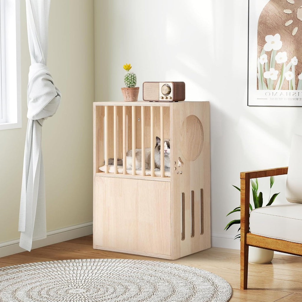 2-Tier Luxury Wood Cat House, Wooden Kitten Cage Condo with 2 Washable Plush Cushions, 2 Access Holes, Indoor Pet