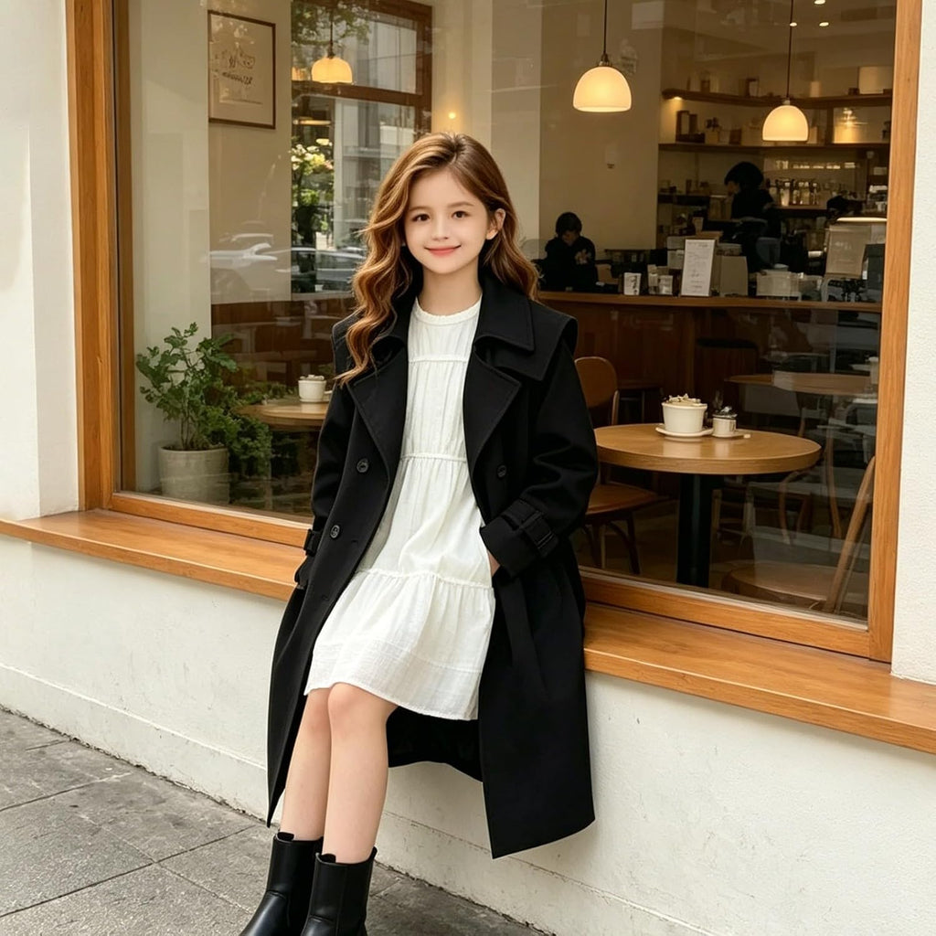 Girls Long Trench Coat Double Breasted Lapel Windproof Overcoat Lightweight Jacket Casual Outerwear Teen Cute Trendy