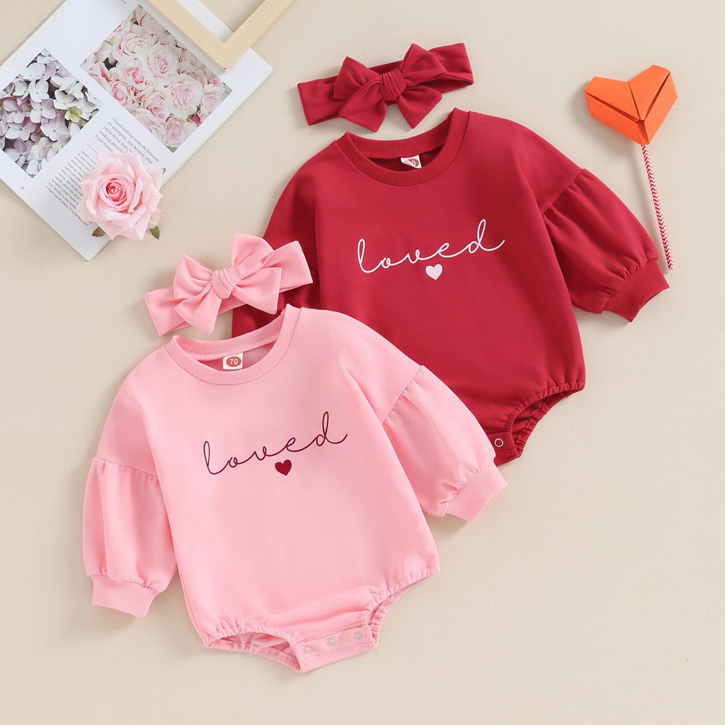 Newborn Baby Girl Valentines Clothes Long Sleeve Onesie Bubble Romper Fall Winter Cute Outfits (Puff Sleeve Red, 0-3