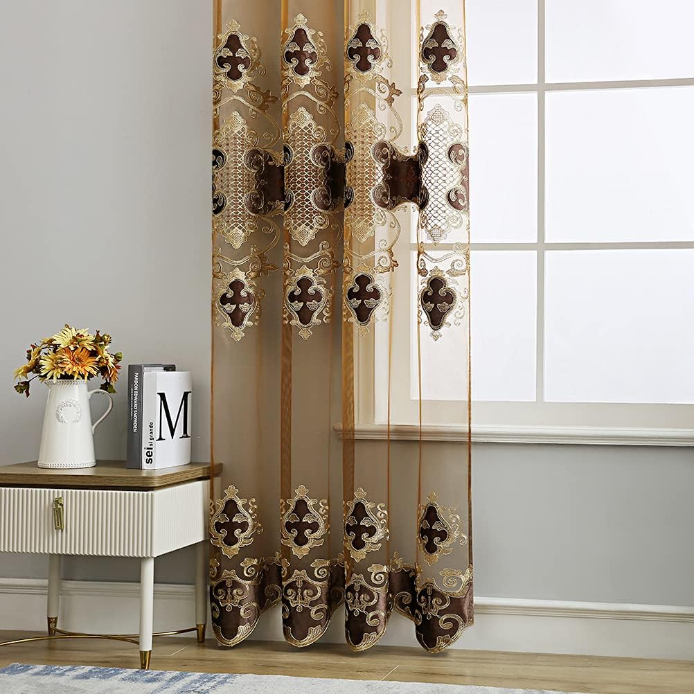 Luxury Embroidered Sheer Curtains for Living Room Chocolate Tulle Curtains for Bedroom with Velvet Embroidered