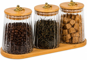 Coffee Tea Sugar Canister Set,22 oz / 650 ml Airtight Glass Storage Jars with Wooden Lids & Tray, Ribbed Clear - Set of 3