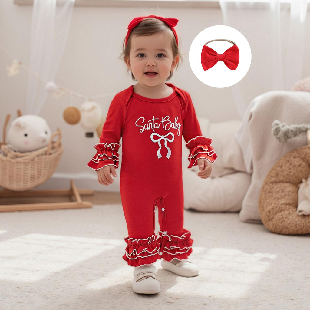 Newborn Baby Boy Girl Christmas Outfit Santa Baby Red Romper Flare Ruffle Jumpsuit Infant Fall Winter Clothes (Red