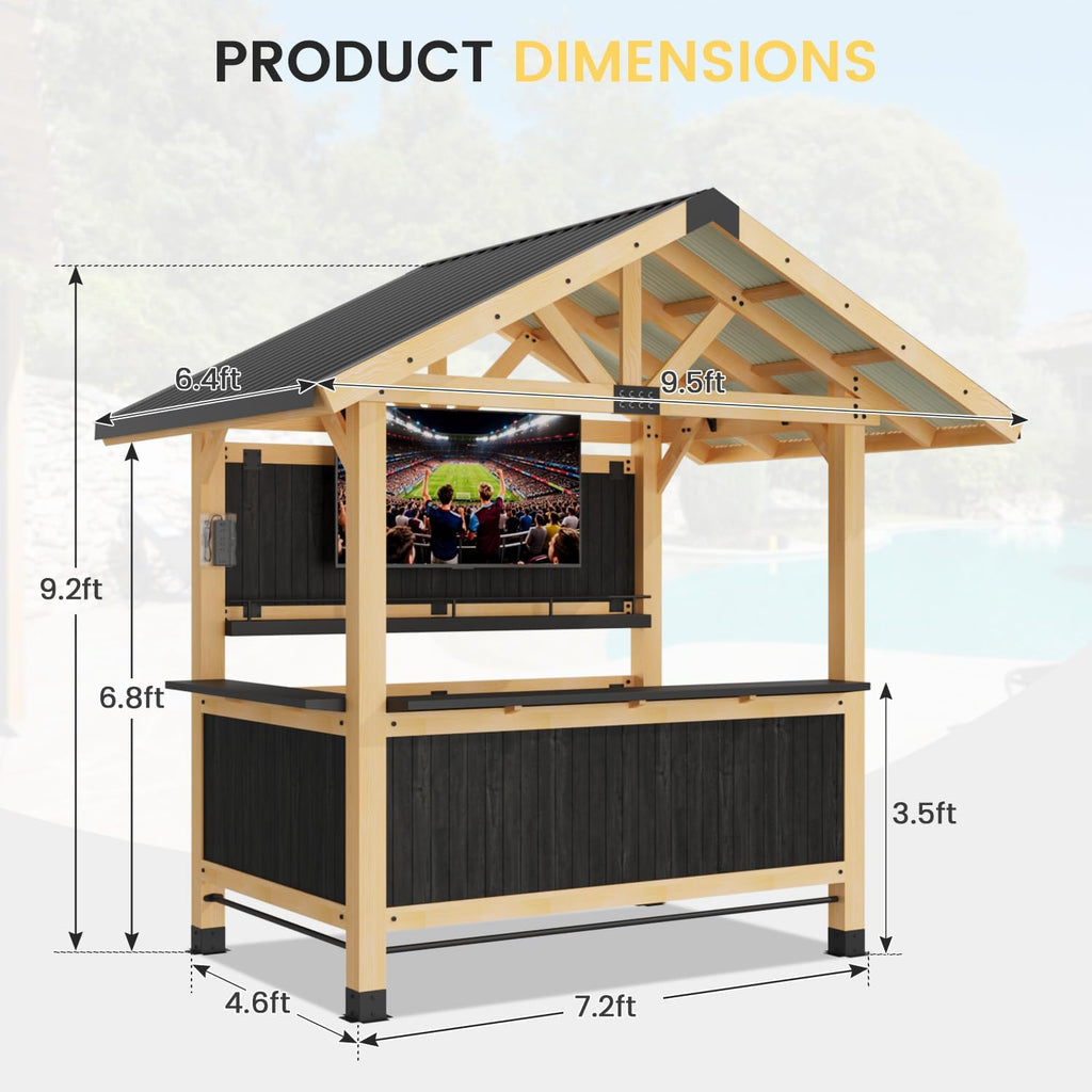 9.5' x 6.4' Outdoor Wooden Gazebo Bar Set with Galvanized Steel Roof, 3 Bar Tops, Power Strip & TV Hook